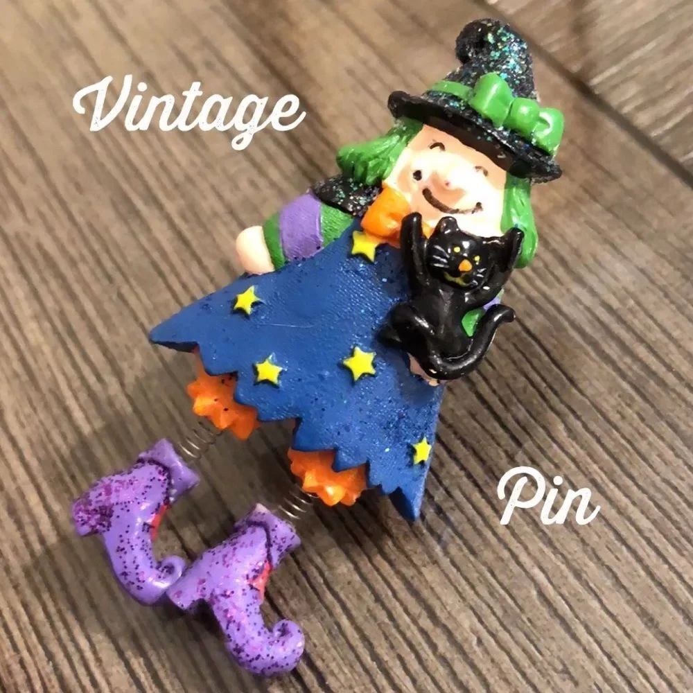 Vintage Halloween Witch Pin, Wiggly Legs & Black Cat